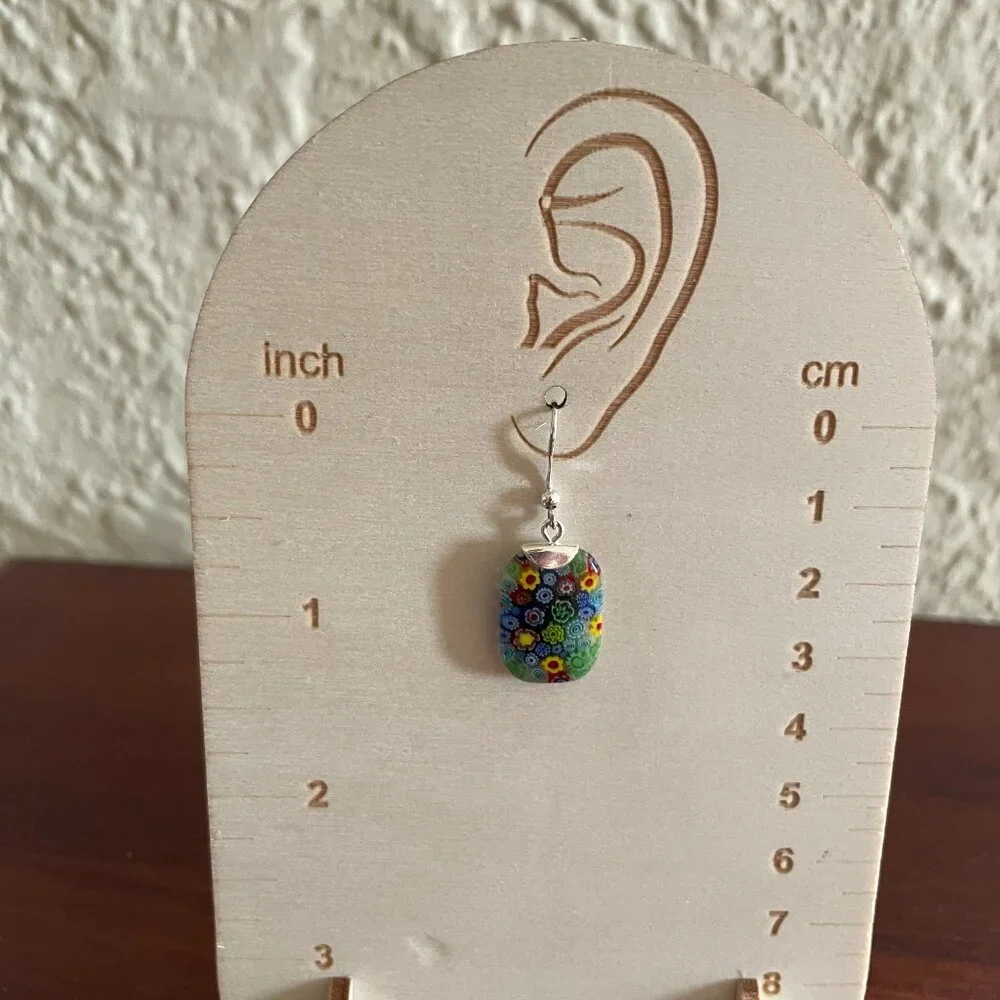 Millefiori Rectangular Earrings with Silver Toned Metal